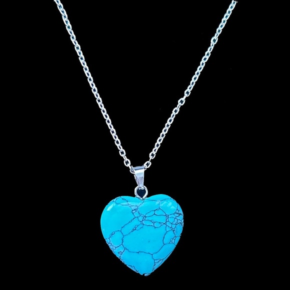 Hand Crafted Necklace Polished Stone Pendant Silver Plate Chain Crackled Heart - Picture 6 of 7